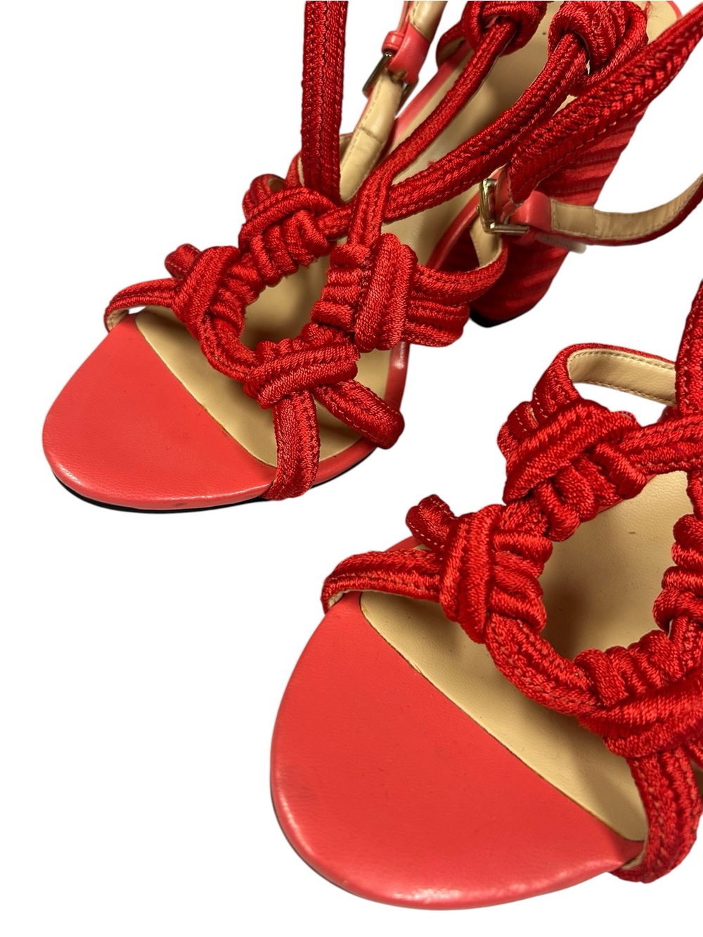 CAbi Tiptoe Sandals Sz 9 M Red Ankle Strap Block Heel Open Toe Knot - Picture 3 of 11